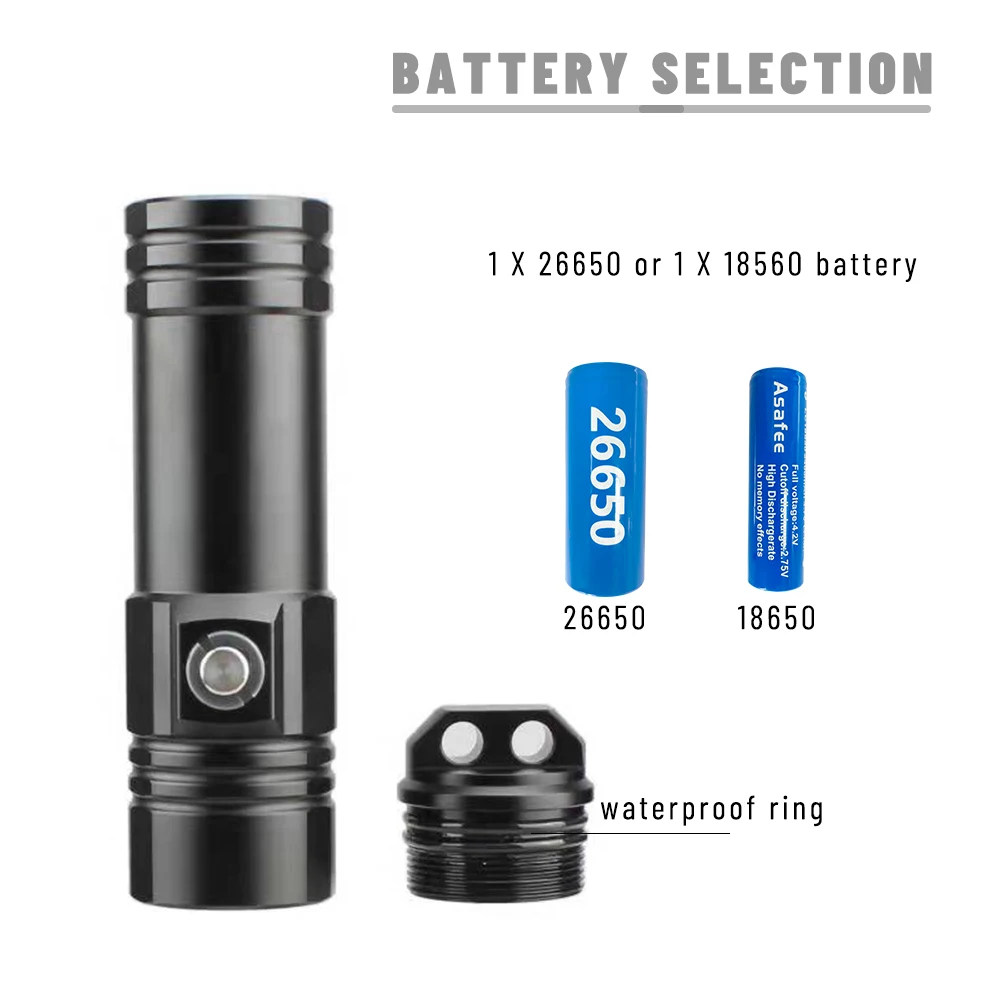 Asafee 50M Underwater L2 LED Diving Flashlight 800LM IPX8 Waterproof Torch 332M Range Press Switch Scuba Lantern