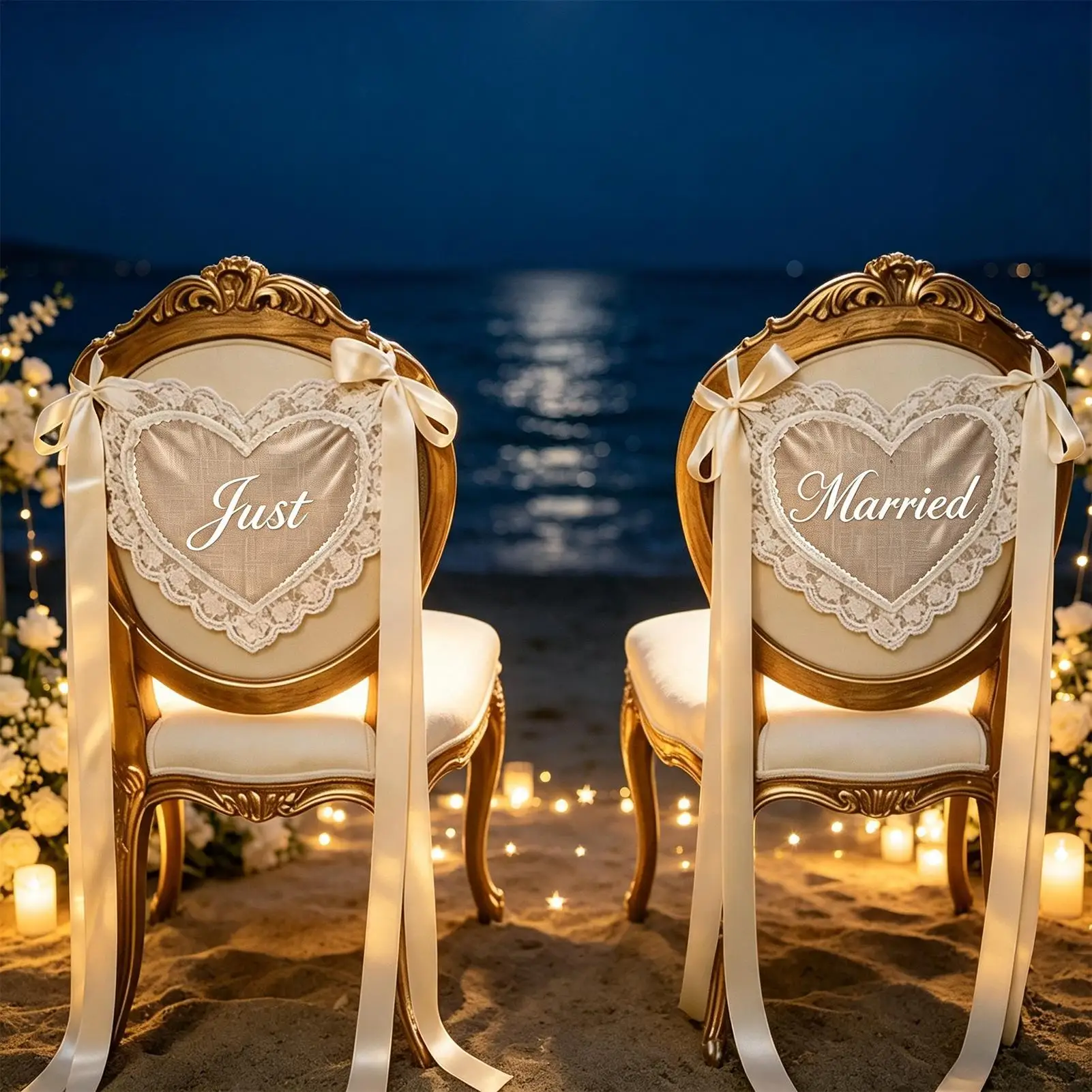 Just Married Chair Sign 2 Piece Lace Heart With 3 Meters Ribbon Elegant Wedding Chair Decor For Reception Ceremony Bridal Shower