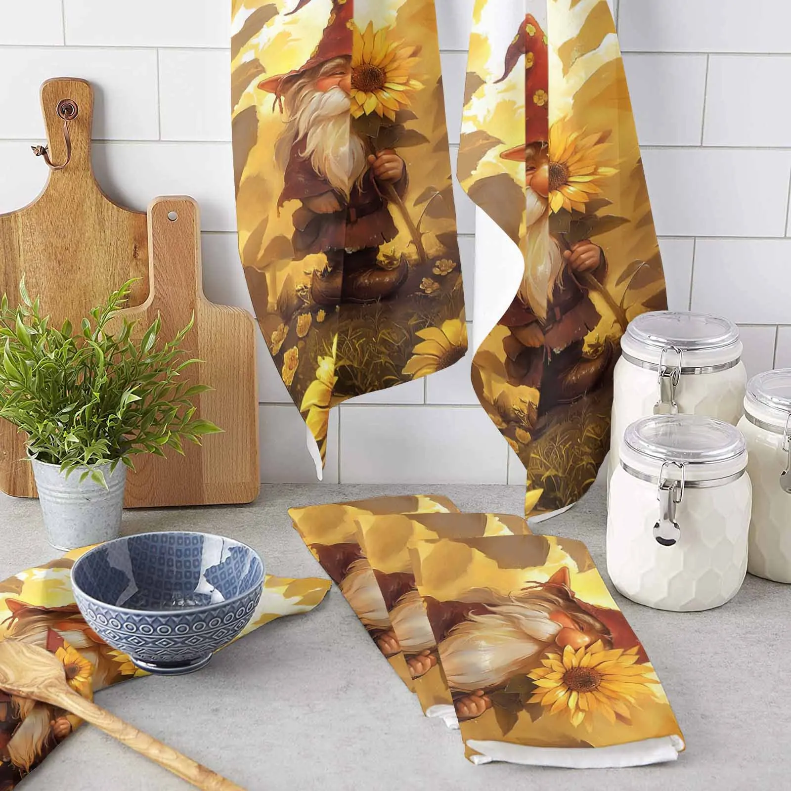 Autumn Dwarf Sunflower Oil Painting Towel Set Cleaning Cloth Kitchen Accessories Dish Washing Cloth Household