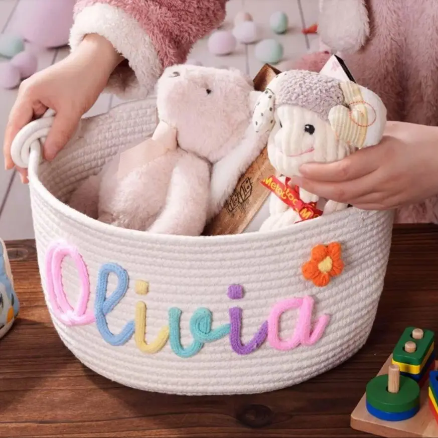 Cesta personalizada para bebé, hilo Multicolor, regalos para recién nacidos, nuevos regalos bordados a mano para bebé, almacenamiento de dulces, organizador de juguetes para niños