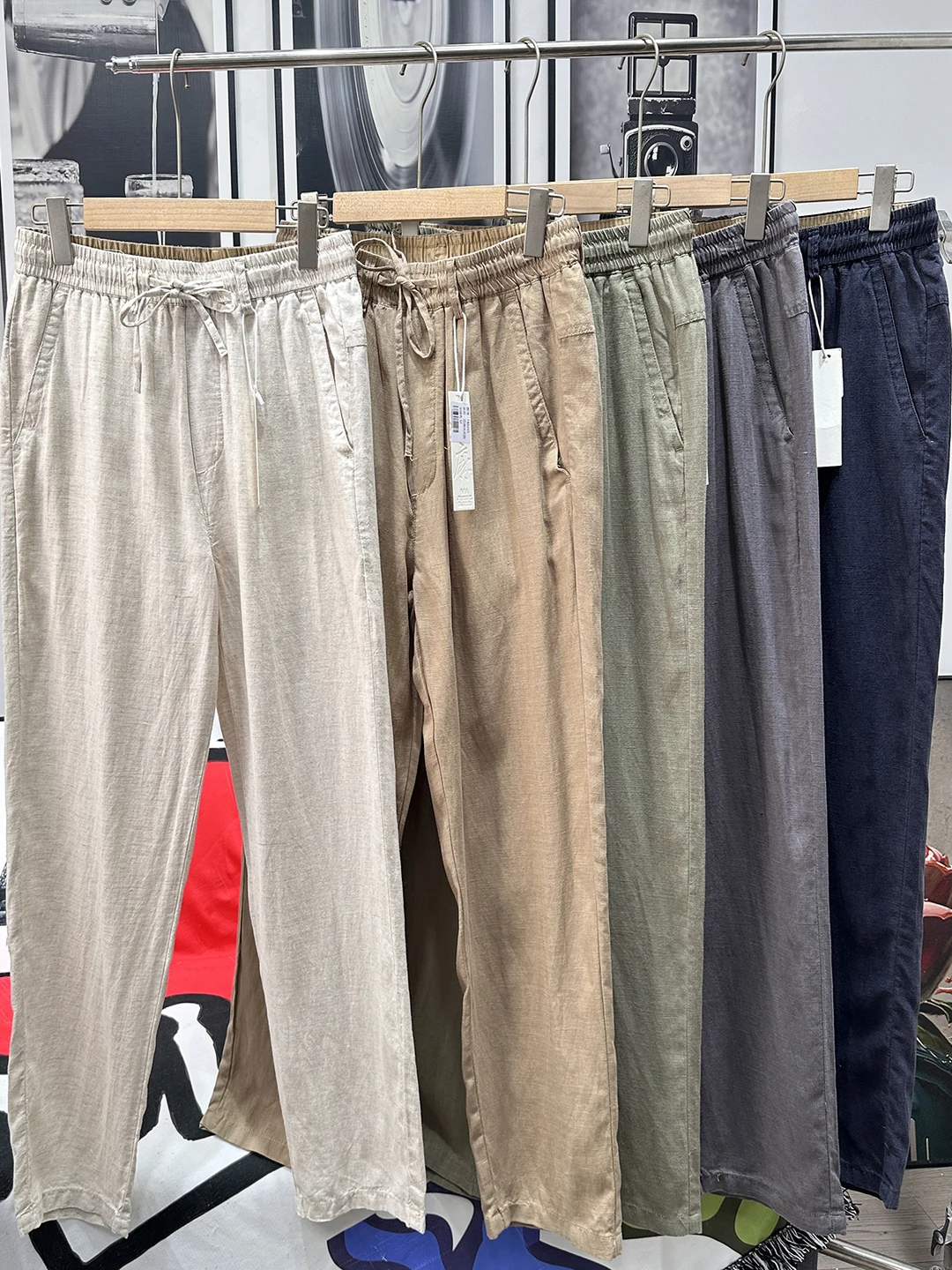 

l хлопково-льняная смесь прохладного ощущения, летние мужские свободные повседневные брюки с прямыми штанинами, модные городские брюки с высокой талией