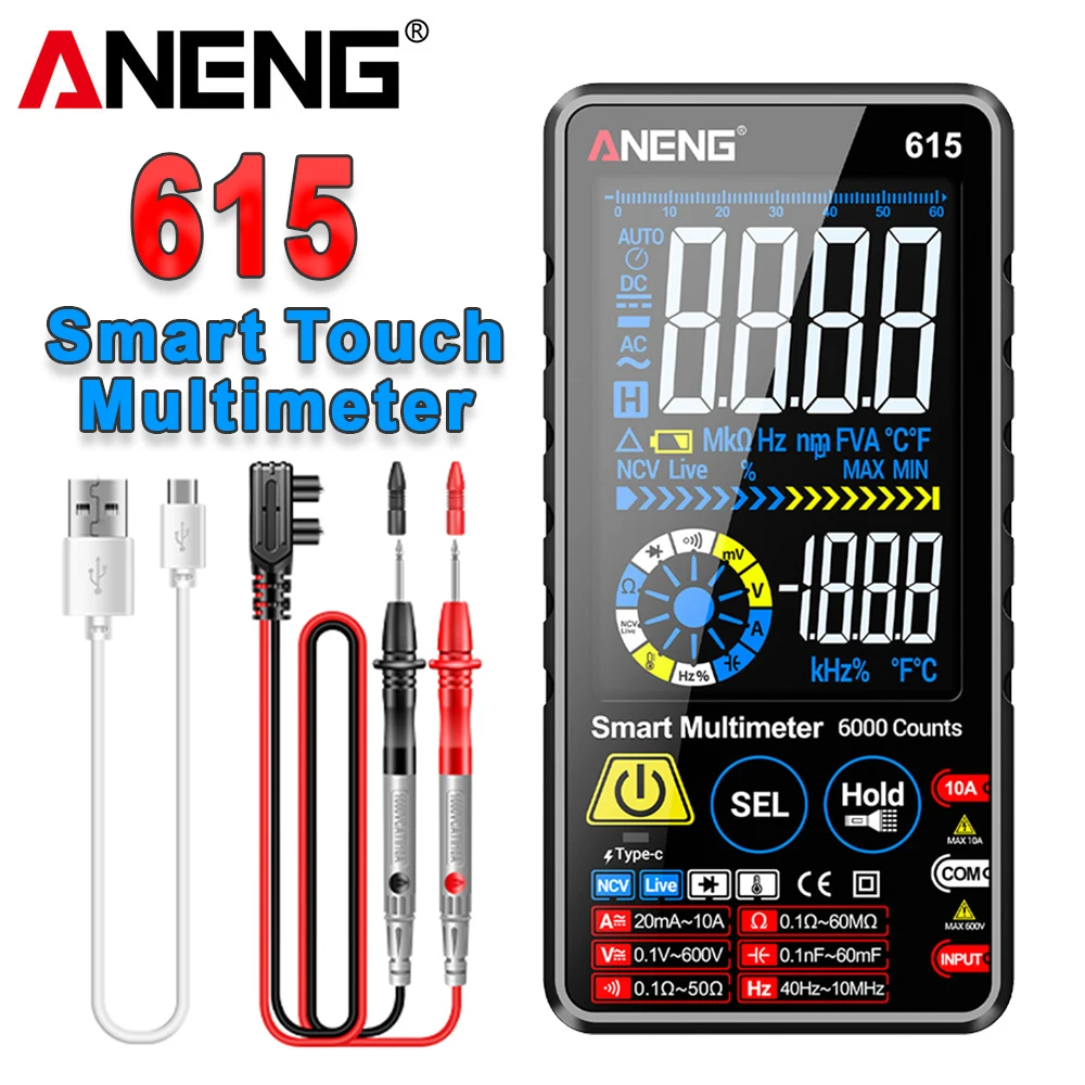 ANENG 615 Smart Touch Multimeter Digital Tester AC Voltage Current Meter Capacitor Hz Resistance 6000 Counts Diode NCV Test Tool