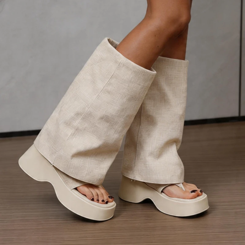 Designer Women Clip Toe Sandals Boots Flats Platform Knee High Shoes 2026 New Fashion Goth Trend Summer Walking Mujer Sandalias