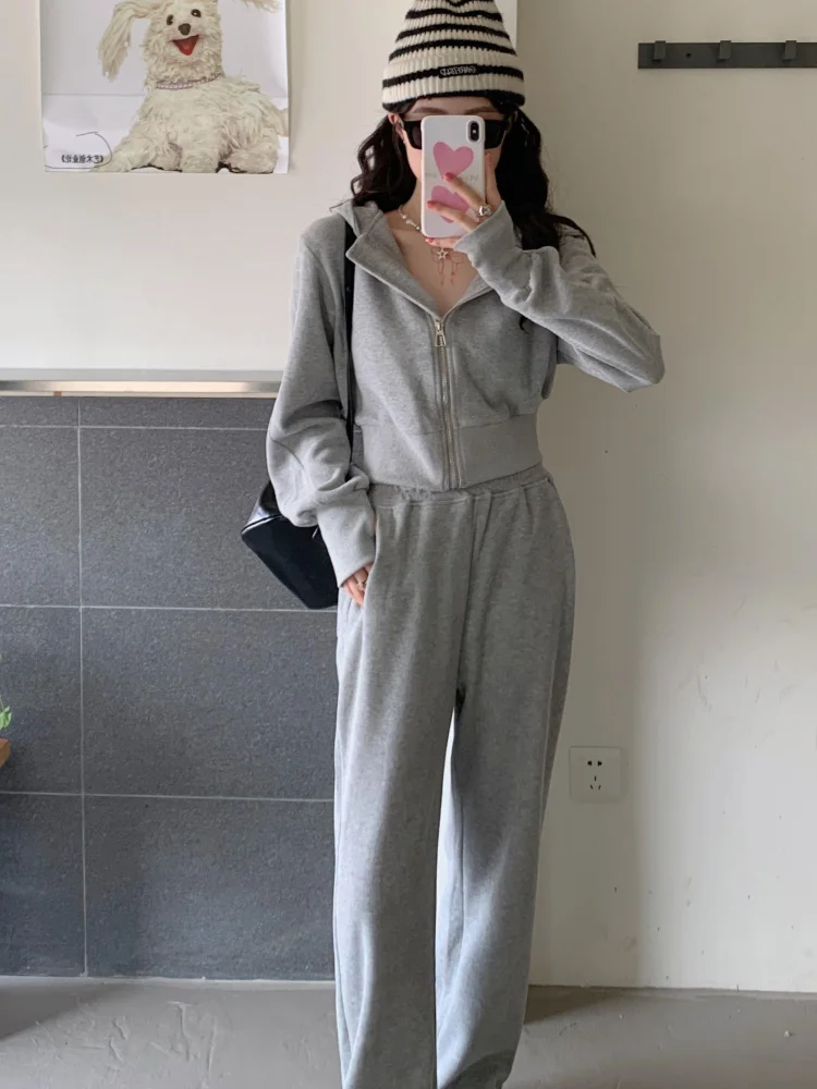 Autumn Trendy Tracksuit Women Two Piece Set Korea Zip Up Hoodie Drawstring Sweatpants Casual Pants Solid Sportswear Female Suit