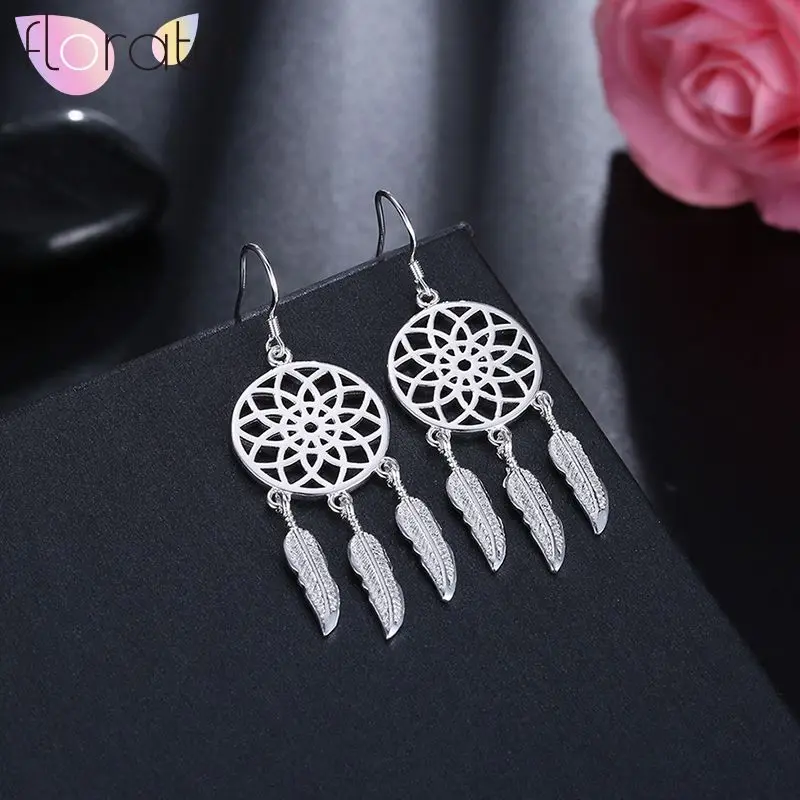 

925 Sterling Silver Needle Classic retro round hollow tassel feather pendant ear hooks Women's elegant fashion jewelry Gifts