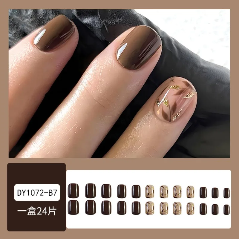 Simples Folha Marrom e Unhas Postiças de Glitter Dourado, Unhas Postiças Decorativas, Arredondadas, Curtas, Vara, Barato, Com Ferramentas, Verão, 24Pcs