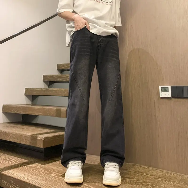 

Мужские джинсы в американском стиле High Street, винтажные летние новые свободные прямые брюки, молодежные брюки из смеси хлопка и полиэстера