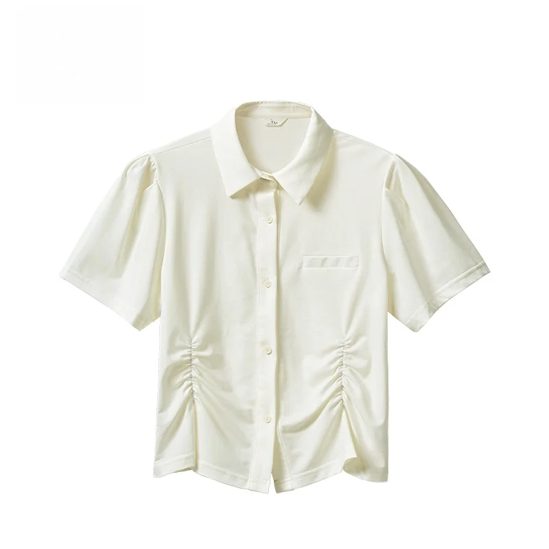 

GOFAR Women's Shirt Summer New Style Pleated Collar Short Sleeve Design Pure Color Versatile Cotton Blend Loose Fit