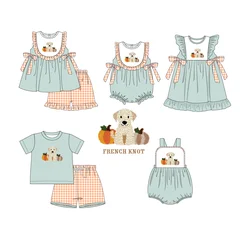 Exquisite Summer Sleeveless Round Neck Dress Cute Puppy And Pumpkin French Knon Girl Skirts And Romper Boy Green Top Set Clothes