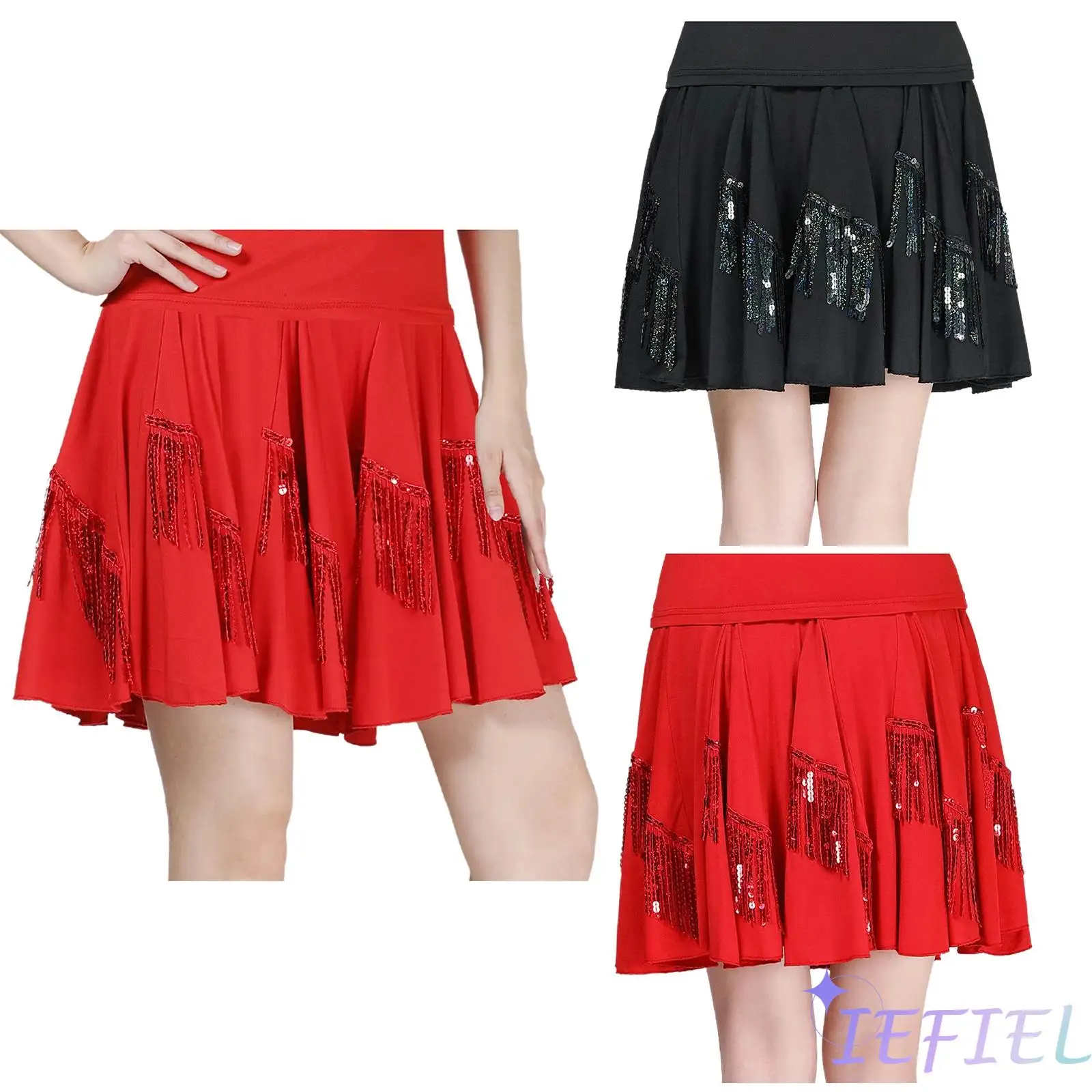 

Womens Latin Dance Skirt Chacha Tango Salas Ballroom Jazz Skirt Modern Dance Costume Sequin Tassel Large Hem Swing Elastic Skirt