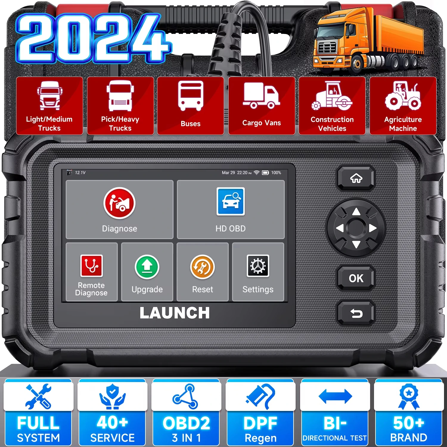 2024 LAUNCH CRP129HD Heavy Duty Truck Engine analyzer Bi-directional Commercial Vehicle All System Oil Reset OBD2 Scanner Tool