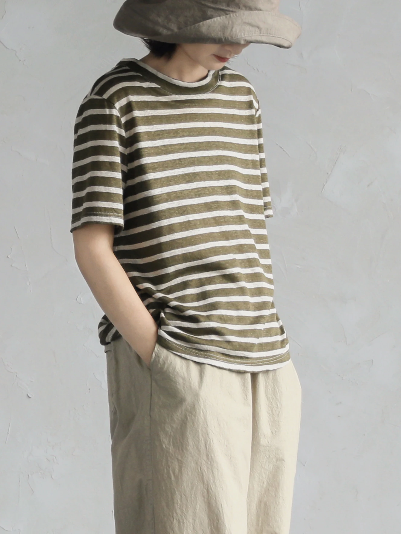 

Full Linen Knitted Stripe Short Sleeve Women's Base T-shirt Korean Lazy Style Top Summer Thin Loose Fit round Neck Shirt