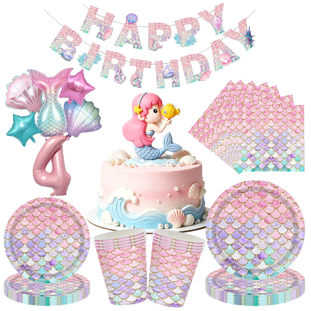 Meerjungfrau Geburtstagsparty Tischgeschirr Teller Becher Servietten Happy Birthday Banner Ballons Set für Mädchen Unterwasser-Party Dekorationen – Detail 1
