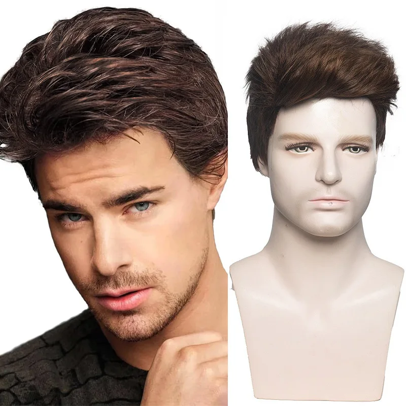 

Fashionable men's wig fluffy mixed color short style upturned bangs synthetic fiber headband