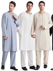 Muslim Robe Arab Men Ramadan Solid Color Pakistan Arabia Turkey Abaya Male Iftar 2 Piece Set Tops and Pants Islamic Clothing 3XL