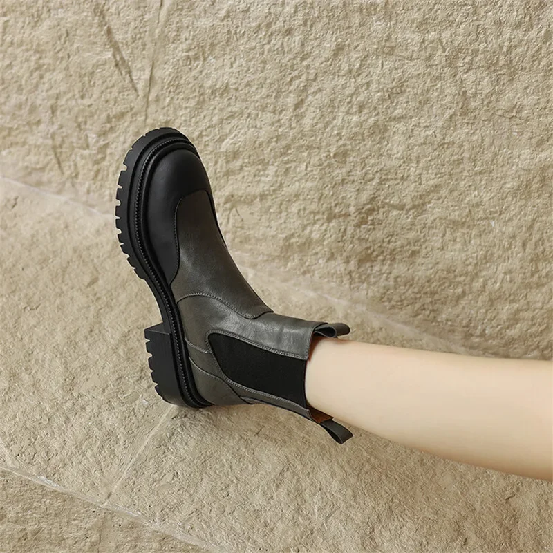 New Autumn Winter Split Leather Women Shoes Fashion Round Toe Short Boots for Women Chunky Heels Platform Boots Zapatos De Mujer