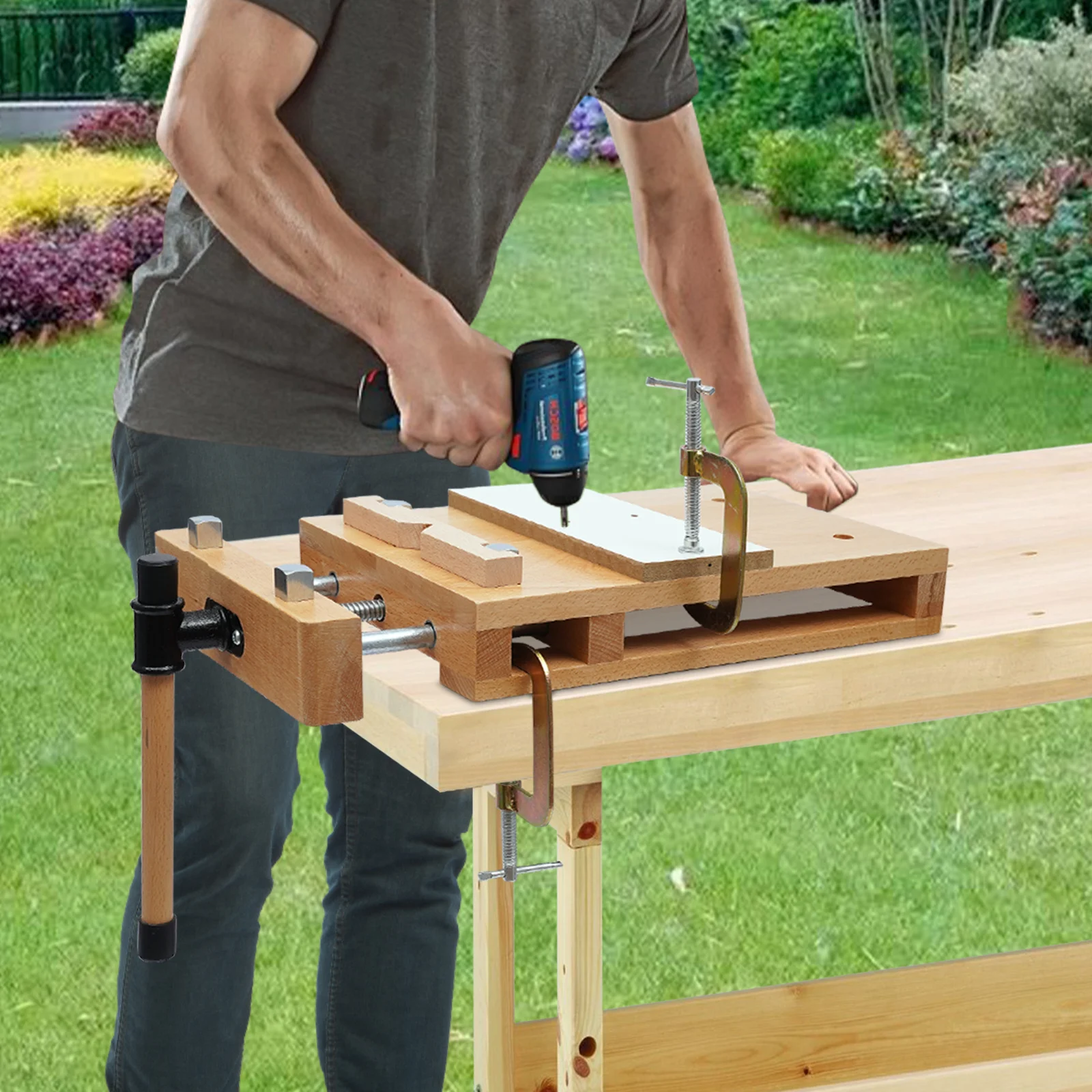 

1 комплект портативного верстака из твердой древесины, твердые столярные тиски, фиксирующие зажимы G-типа, ограничительные блоки для домашних столярных мастерских