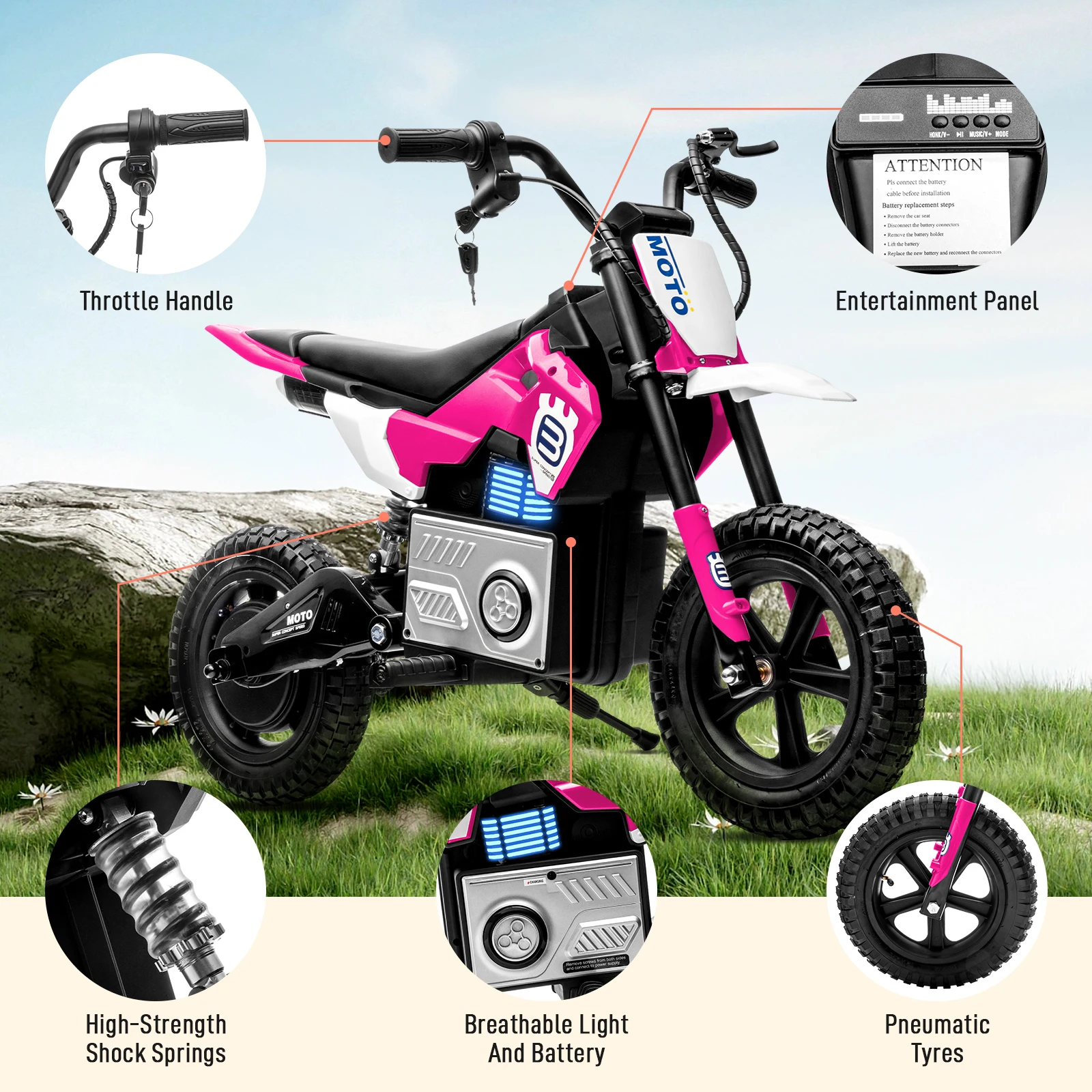 Moto de motocross électrique pour enfants, 24V, moteur 200W, vitesse réglable, lumières LED, Bluetooth, musique, enfants âgés de 3 à 6 ans