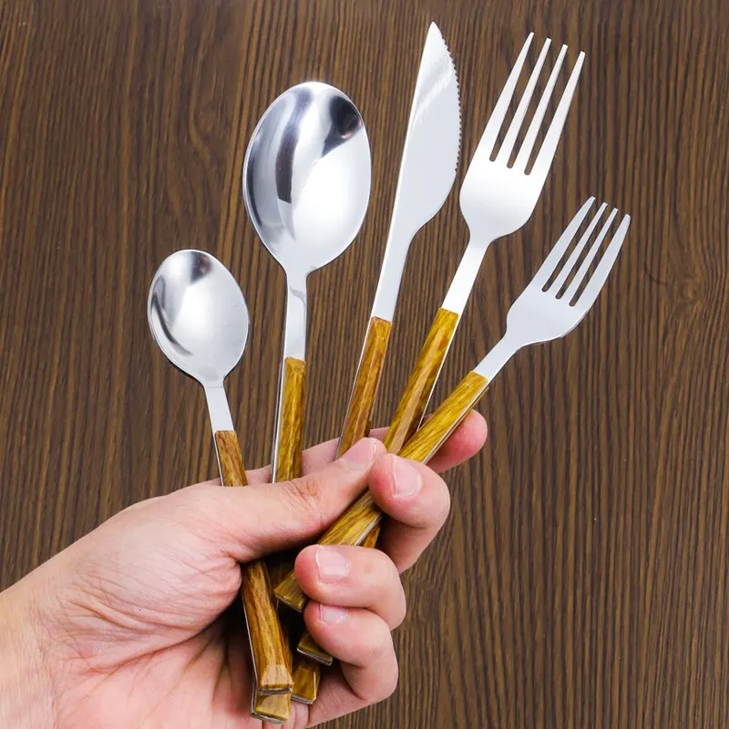 30pcs Stainless Steel Imitation Wooden Handle Cutlery Set Dinnerware Clamp Western Tableware Knife Fork Tea Spoon