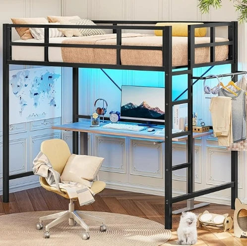 

Twin Metal Loft Bed with Desk and Shelves for Teens Adult, Loft Bed Frame with 2 Built-in Ladders, Power Outlet and LED Lighted