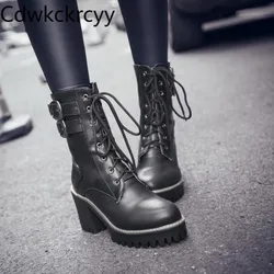winter The New fashion Round head Thick heel boots Lace Handsome rivet Plus velvet Keep warm High heel Women boots 34-43