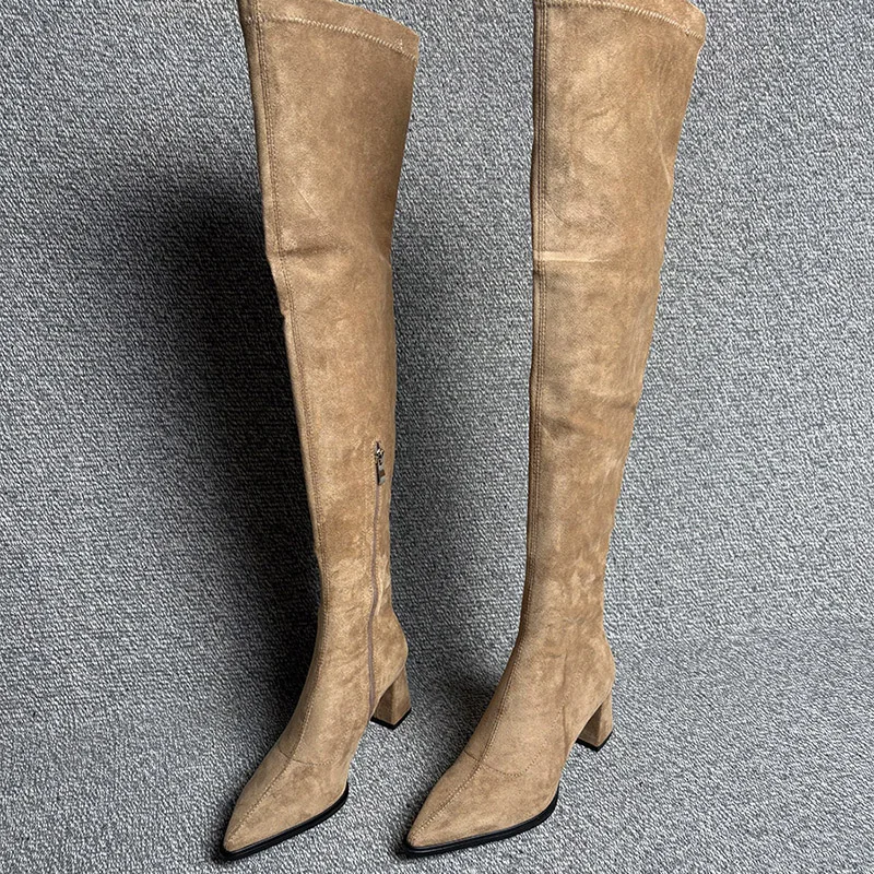 

Зимние модные женские длинные сапоги выше колена с острым носком, уличная стильная вечерние женская обувь для стриптиза на толстом каблуке