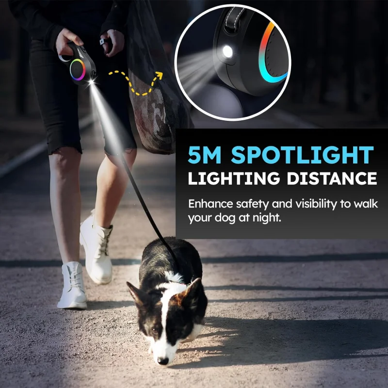 Retractable Dog Leash with LED Flashlight for Small Medium Large Breed Dogs