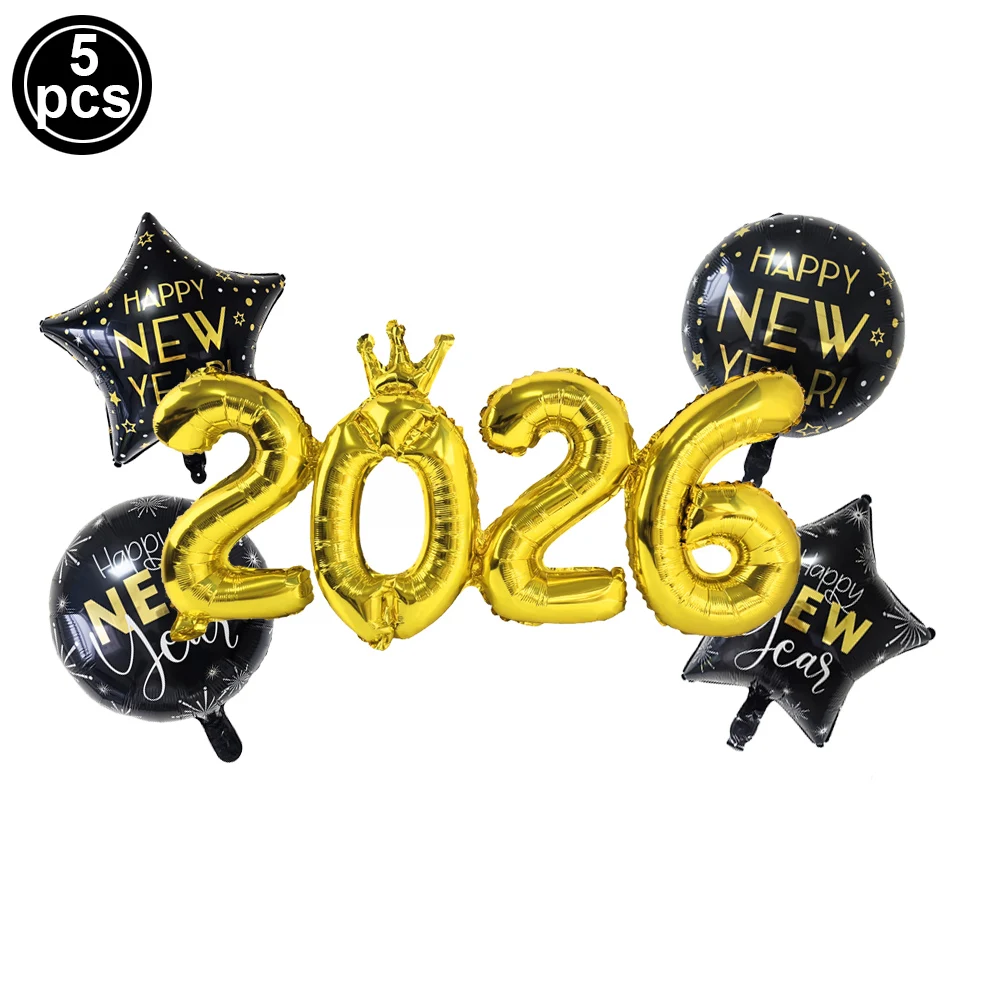 2026 مجموعة بالونات سنة جديدة سعيدة زينة بالون نجمة خماسية 2026 مجموعة بالونات أرقام لمستلزمات حفلات السنة الجديدة لعام 2026