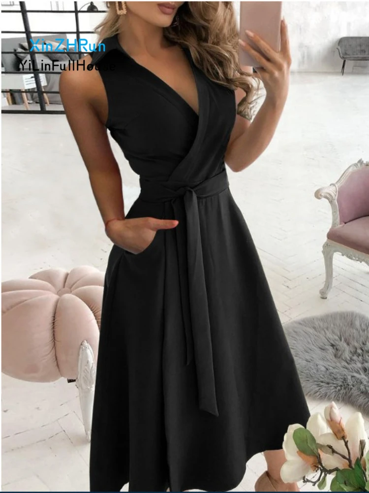 Summer New Women's Fashion Polo Neck Deep V Sleeveless Lace Up Dress Women Solid A-line Large Hem Irregular Commuter Long Dress