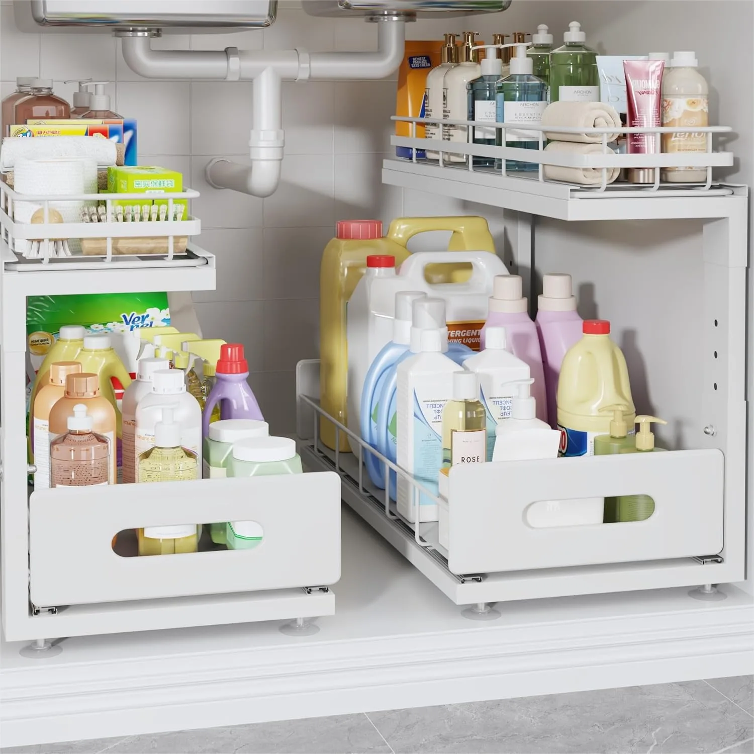 

Under Sink Organizer with Smooth Ball Bearing Slides, 2-Tier Pull Out Cabinet Storage, Height Adjustable Slide Out Drawers for