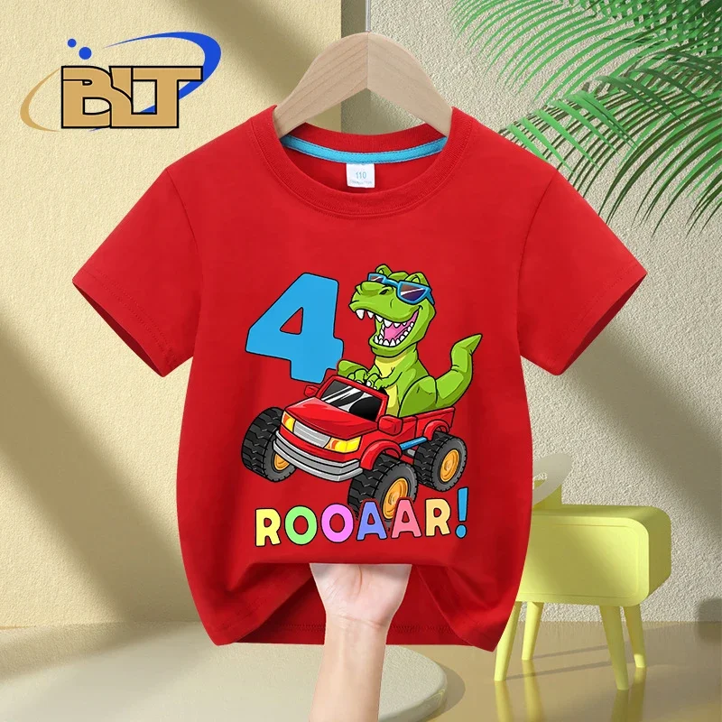 Camiseta de cumpleaños con estampado de camión de dinosaurio para niños, camiseta de manga corta de algodón para niños de 4 años, regalo sorpresa de verano