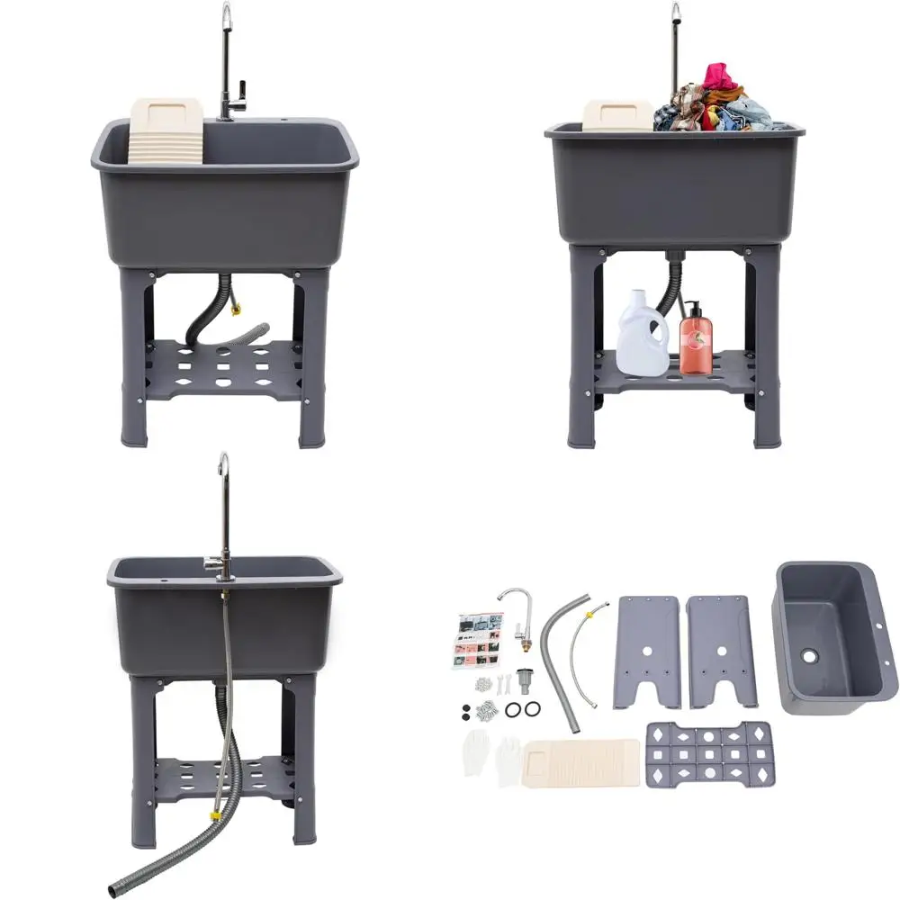

Freestanding Plastic Laundry Tub Sink with Washboard, Faucet, and Drain Kit for Washing Room Utility Use