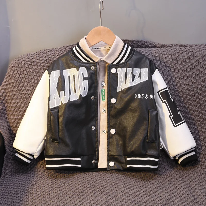 Baby Boys Letter Print Baseball Coat Stripes Collar 2023 Spring Faux Leather Moto Jackets for Children Racing Biker Coat FY11073