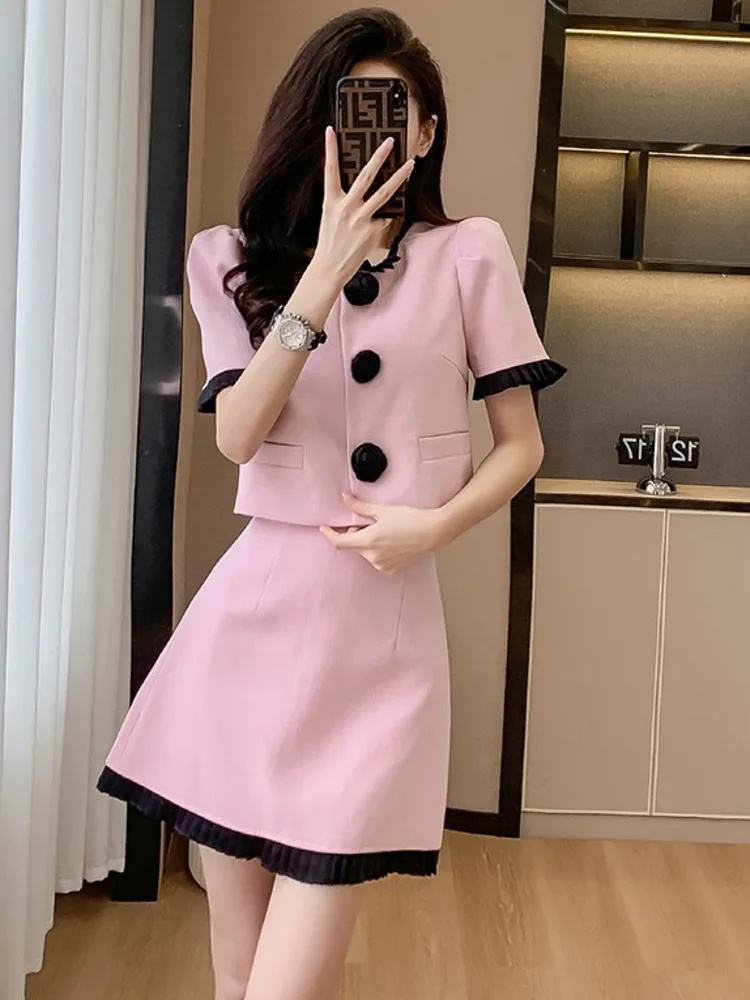 Women Elegant Vintage Fragrant Pink Suits New Chic Short Jacke Coat Top + Mini Skirt Two Piece 2024 Summer Lady Y2K Sweet Outfit