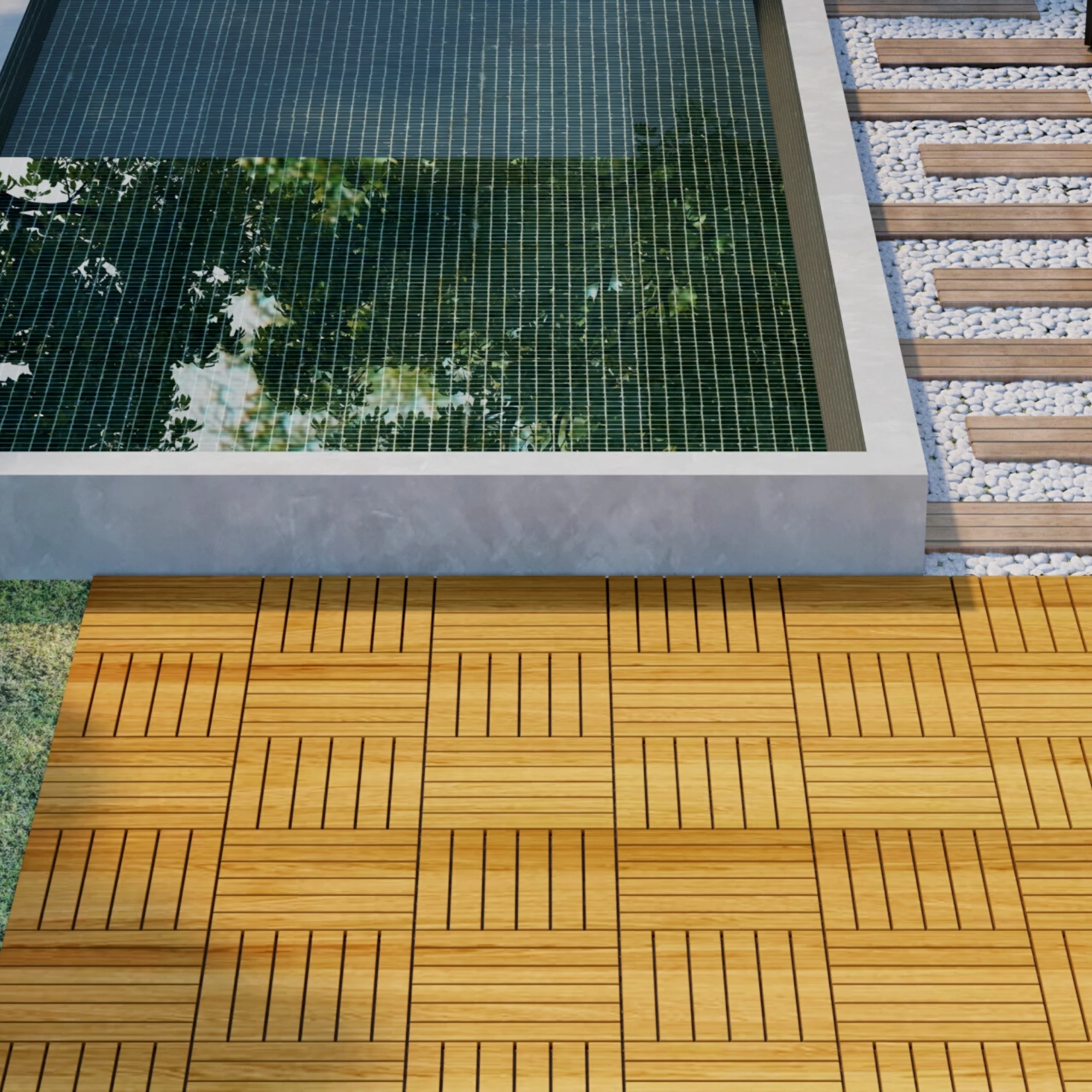 

10 Pcs Outdoor Special Products 12" x 12" Square Teak Wood Interlocking Flooring Tiles Striped Pattern Pack of 10 Tiles