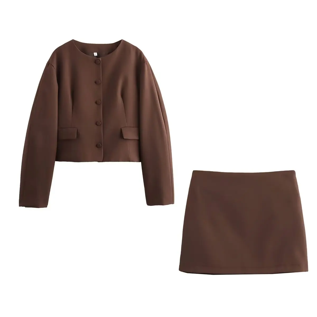 Fashion Coffee Color Women's Coat Sets Jacket and Mini Skirt Matching Set 2 Pcs Set