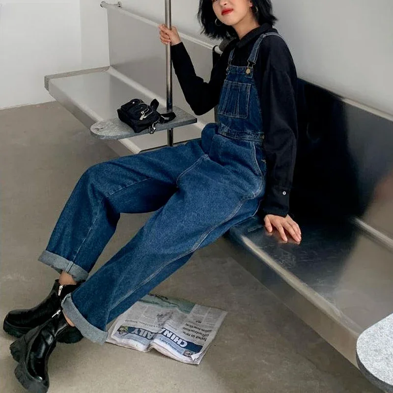 Jumpsuits Women Dark Blue Vintage Streetwear Harajuku Casual Fashion High Waist Loose Overalls Denim Suspenders Trousers