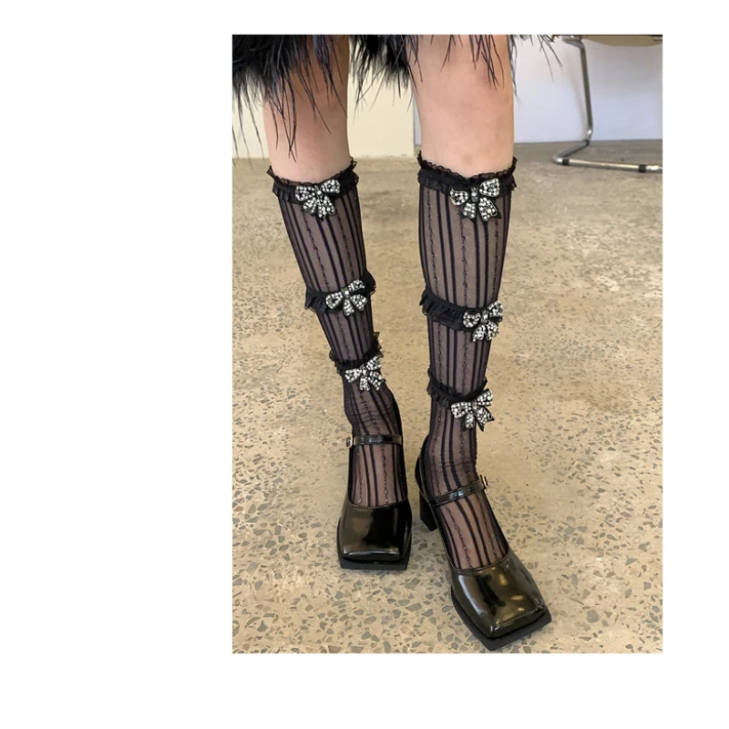 Special-Interest Design Thin Mesh Foot Sock Women's Bunching Socks Cute Mid-Calf Length Socks Black Students' Socks