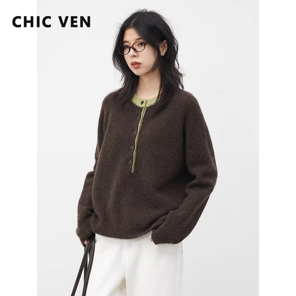 CHIC VEN-suéteres coreanos para mujer, jerséis de punto holgados e informales con contraste y cuello redondo, Top cálido para mujer, Otoño Invierno 2025