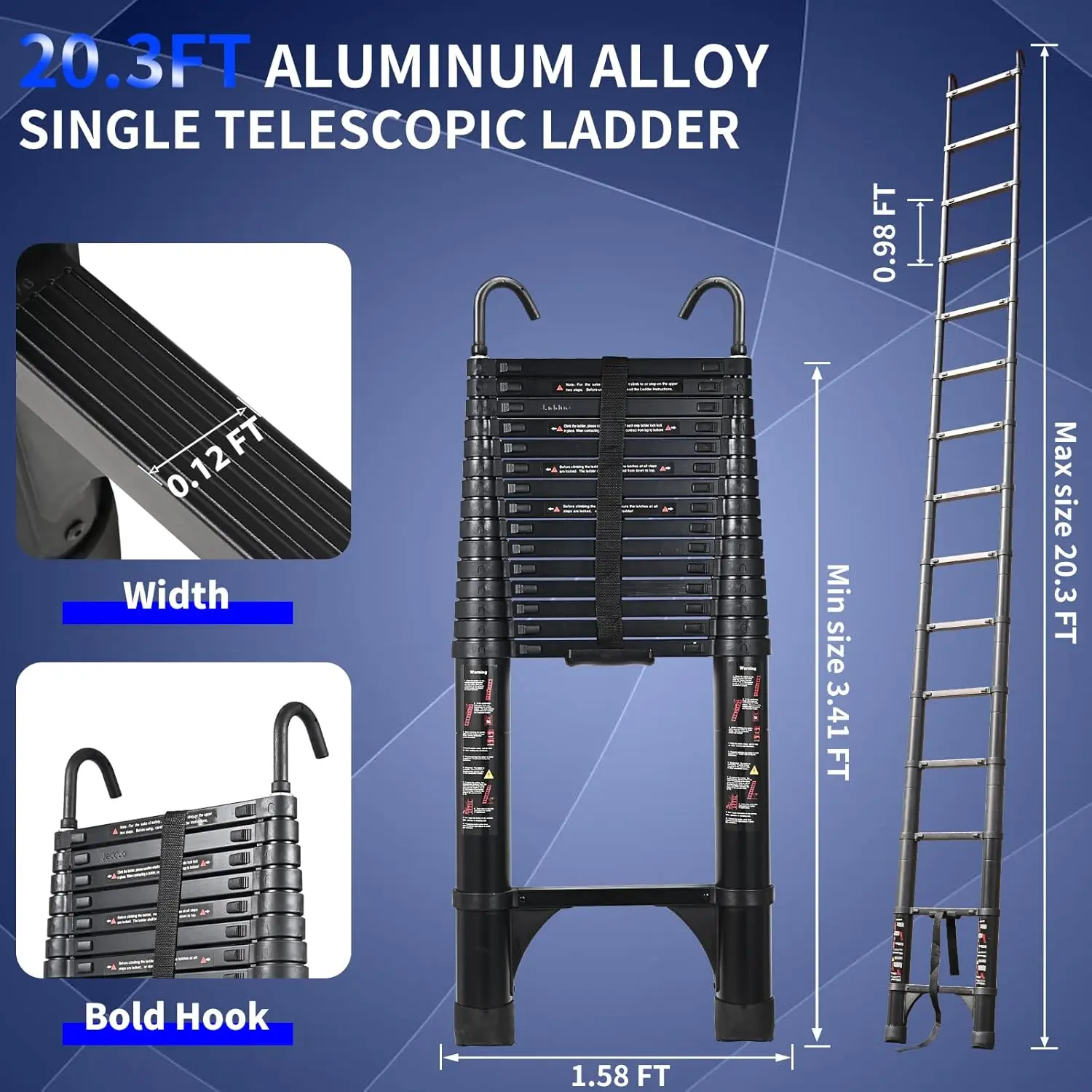 20.3 FT Telescopic Ladder, Aluminium Black Telescoping Ladder with Non-Slip Feet and Stable Hook, Portable Extension Ladder for