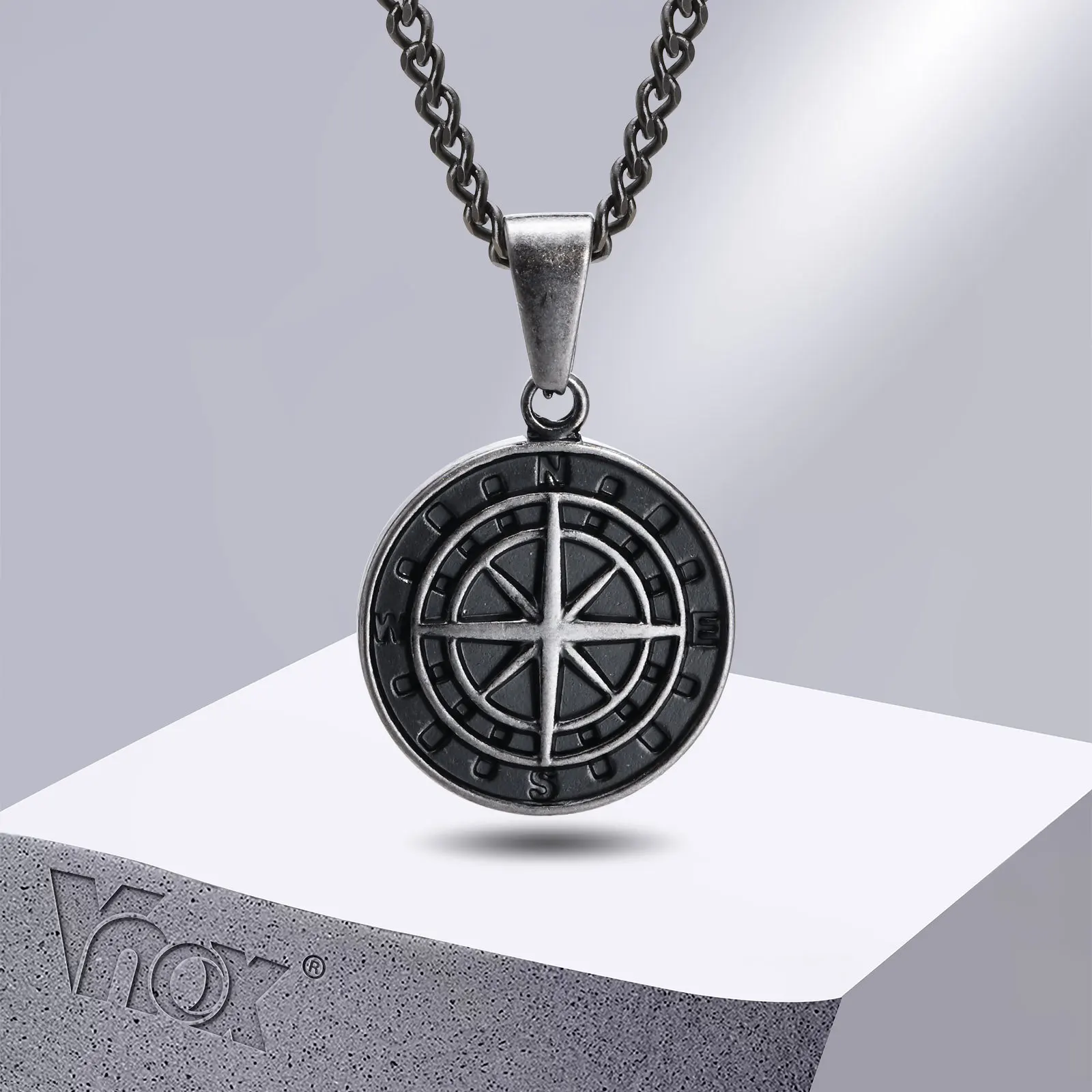 Vnox Vintage Seeker Compass Necklaces for Men, Waterproof Stainless Steel Round Coin Pendant,Rock Punk Male Collar Gift