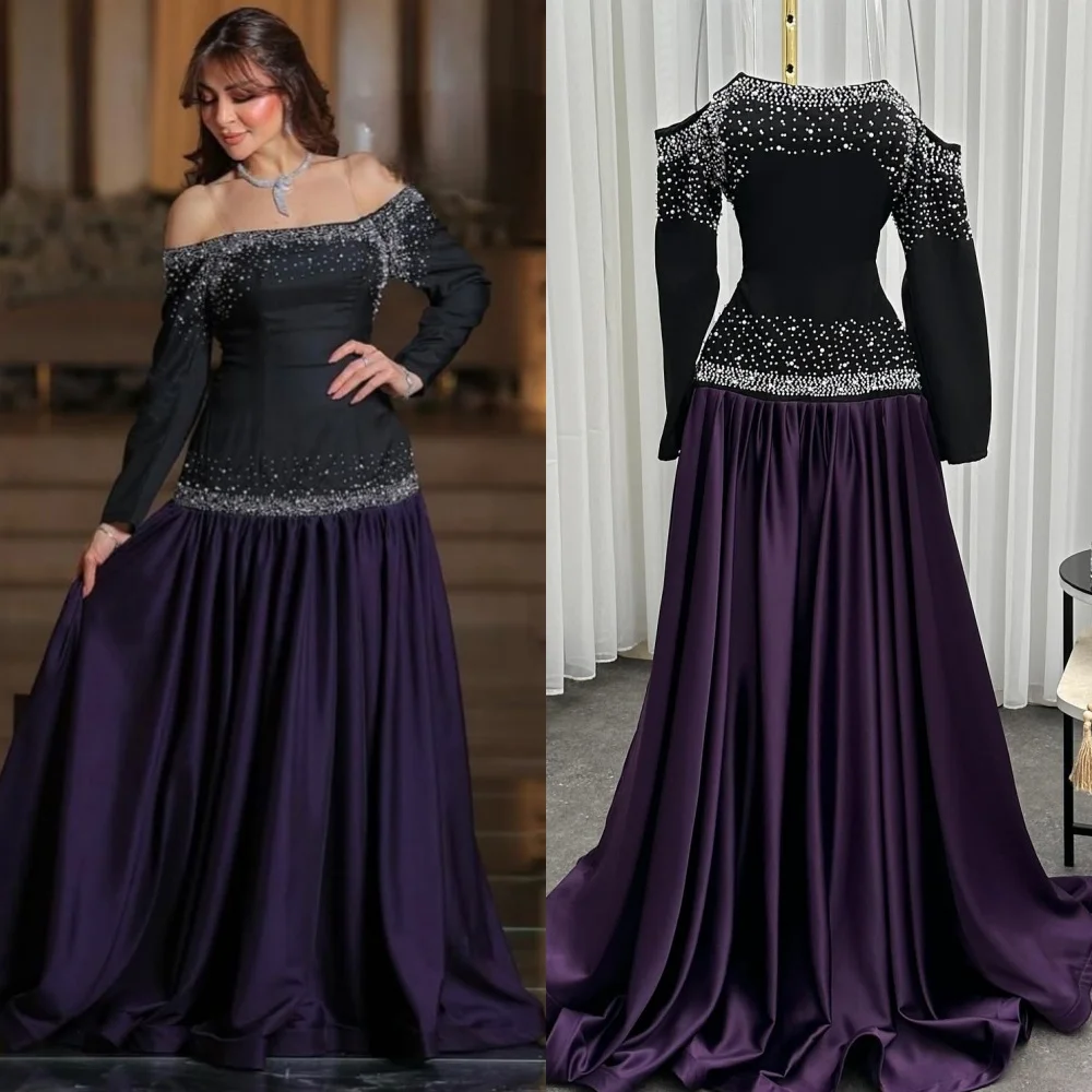

Customized Intricate Sparkle Pleat Beading Sequined A-line Off-the-shoulder Long Dresses Bespoke Occasion Dresses High Quality