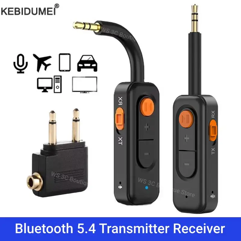 Bluetooth 5.4 Audio Transmitter Receiver With Mic 3.5MM AUX Stereo Music 2 in1 Wireless Adapter Handsfree For TV PC Airplane Car