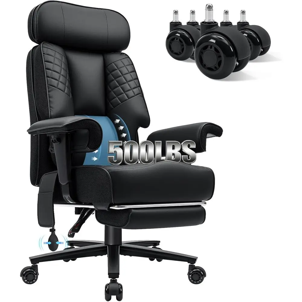 

500lb Capacity Large Ergonomic Office Chair with Adjustable Lumbar Support, Wide Seat, Black PU Leather