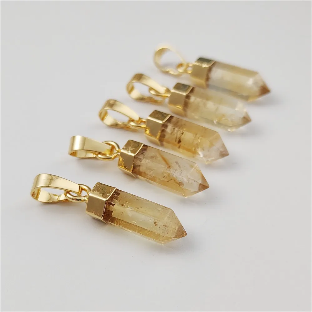 FUWO 1Pcs Natural Citrines Point Pendant,Golden Plated Bullet Shape Spike Crystal Accessories For Jewelry Making PD130