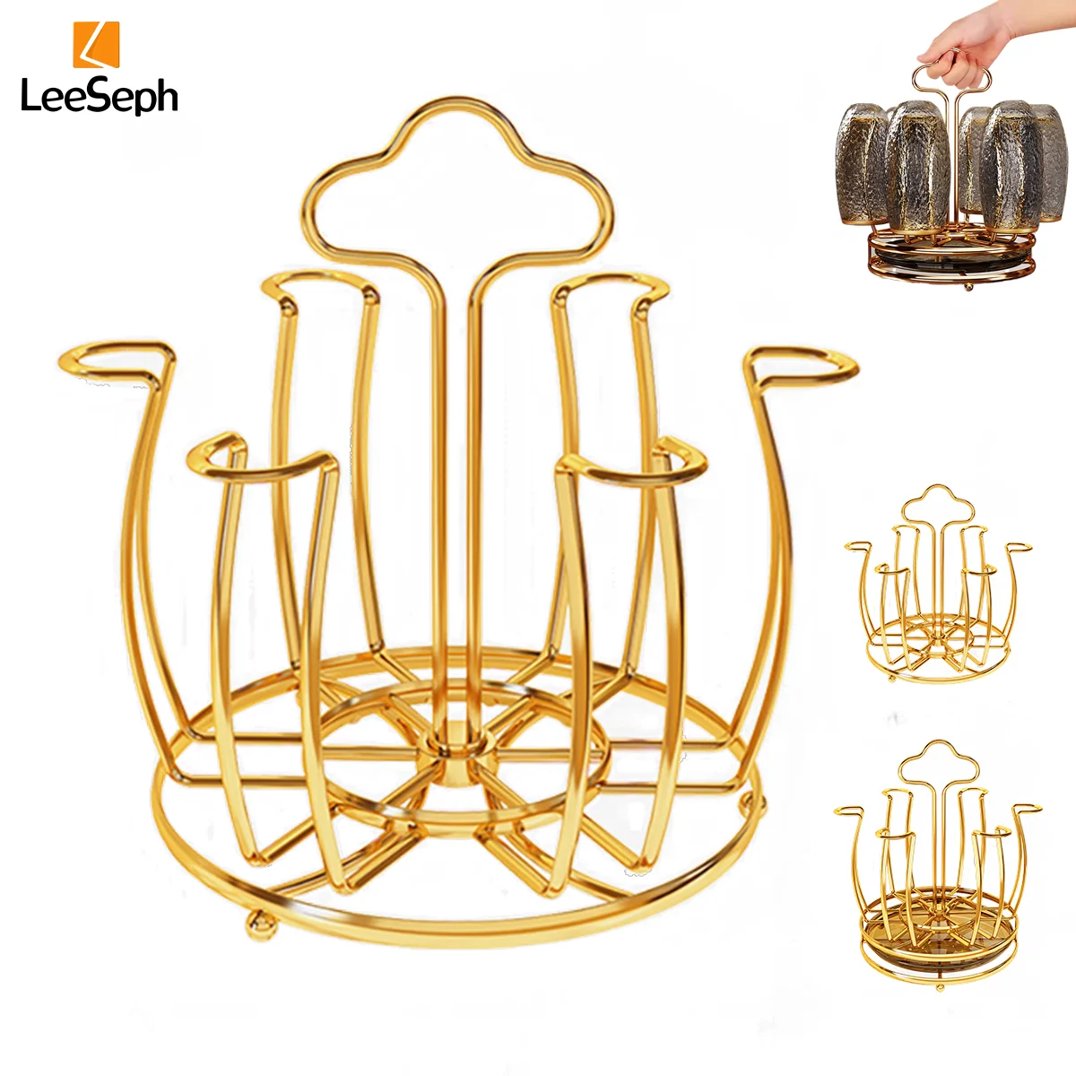 Rotating Cup Drying Rack Stand with 6 Hooks, Bottle Drainer Holder Glass Cup Spin Organizer for Kitchen Office Restaurant