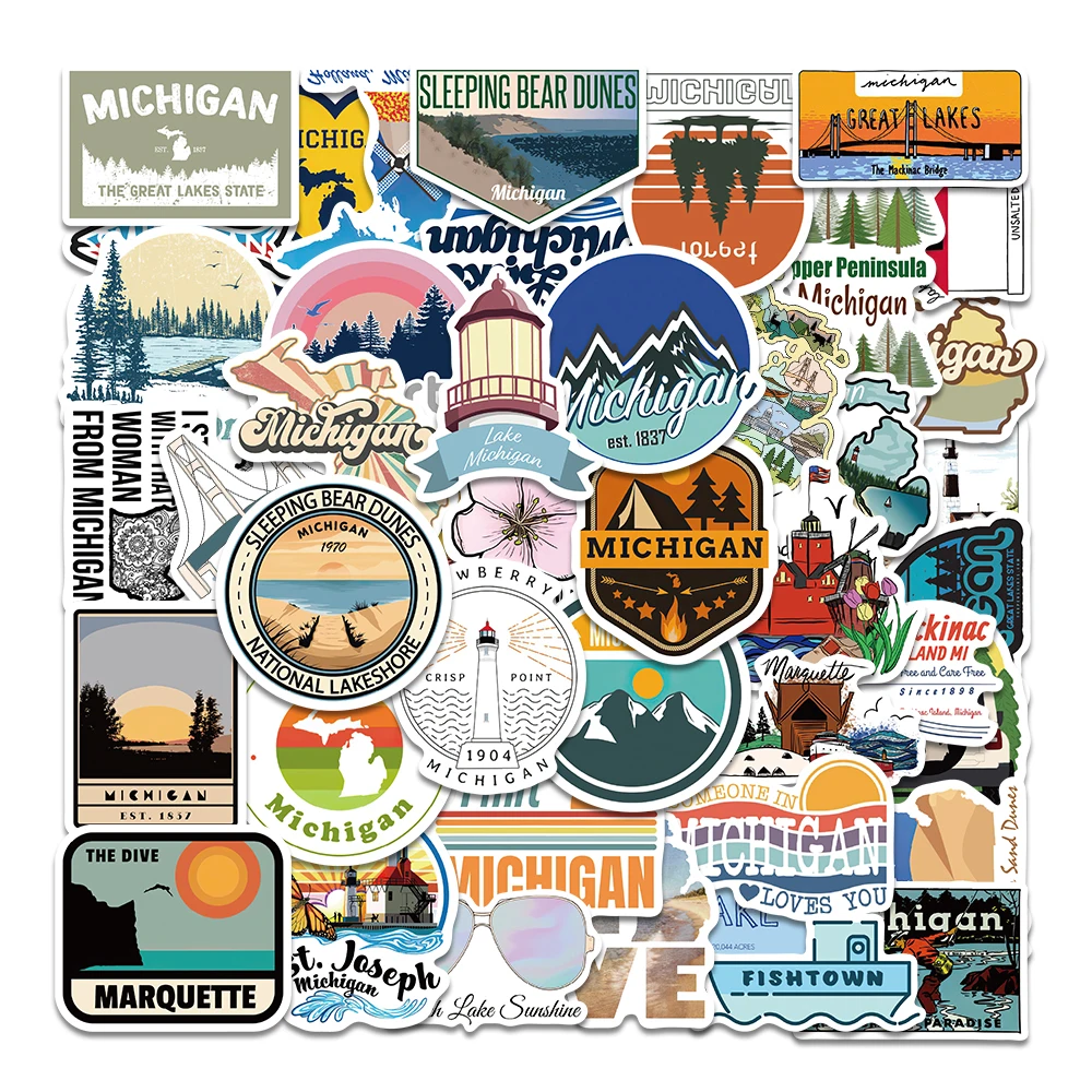 50pcs Travel Around The Michigan Stickers PVC Waterproof Stickers for Water Bottle Notebook Laptop Luggage Suitcases Kids Gifts