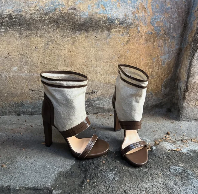 Brown canvas leather summer sandals boots vintage open toe mixed colors chunky heels ankle boots open toe luxury designer shoes