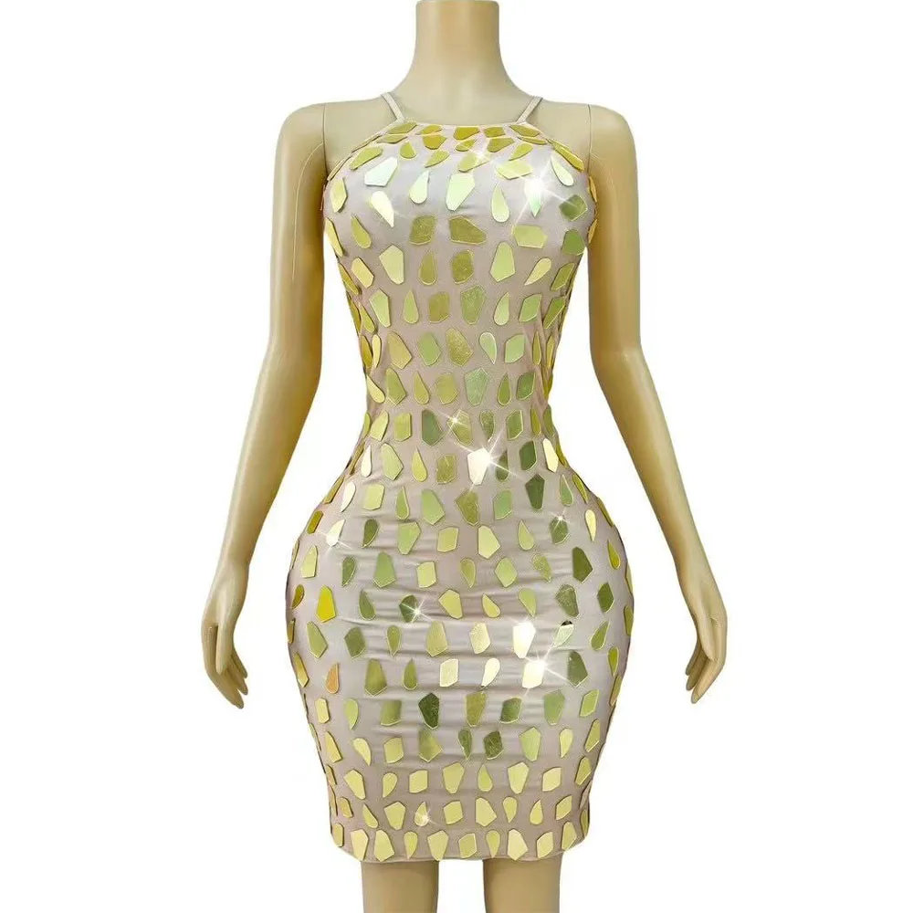 

Sexy Shiny Gold Mirrors Trim fit Suspenders Dress Women Daily Birthday Celebrate Cocktail Party Club Costume Show Stage Outfit