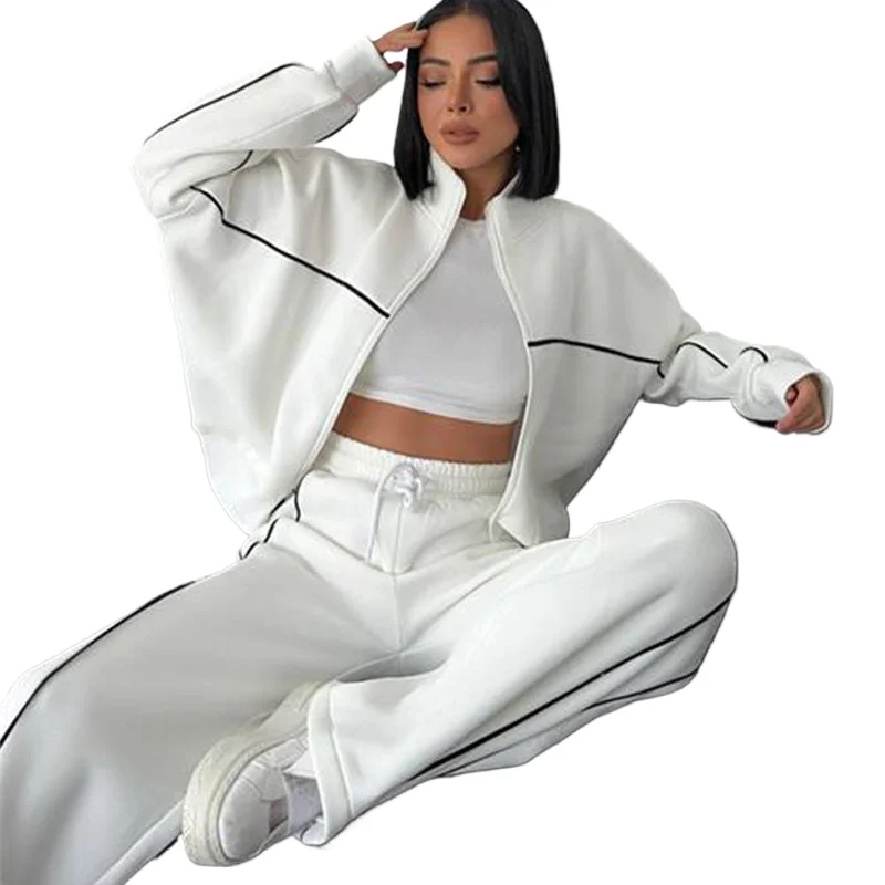 

Casual Sweatsuits For Women Stand Collar Long Sleeve Zip Top Lace Up Straight Trousers 2 Piece Set 2024 Autumn Lady New